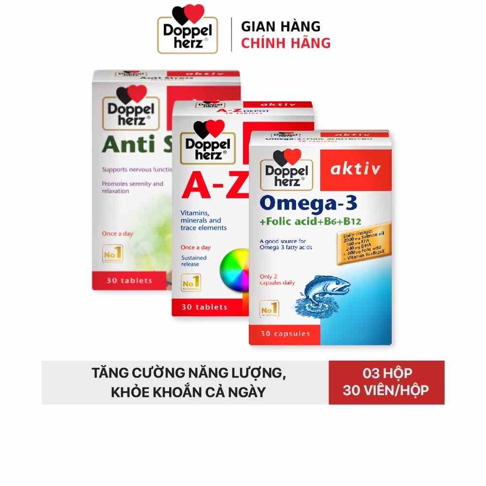 Combo bổ sung vitamin khoáng chất và dầu cá, hỗ trợ giảm căng thẳng mệt mỏi Doppelherz A Z Depot + Omega 3 + Anti Stress