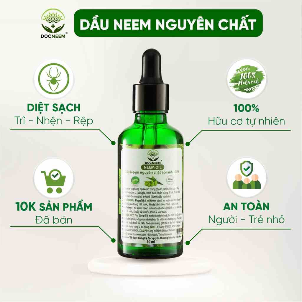 Dầu neem oil DOCNEEM hữu cơ phòng trị sâu bệnh hoa hồng, phong lan, cây cảnh, nguyên chất ép lạnh, hàng chính hãng