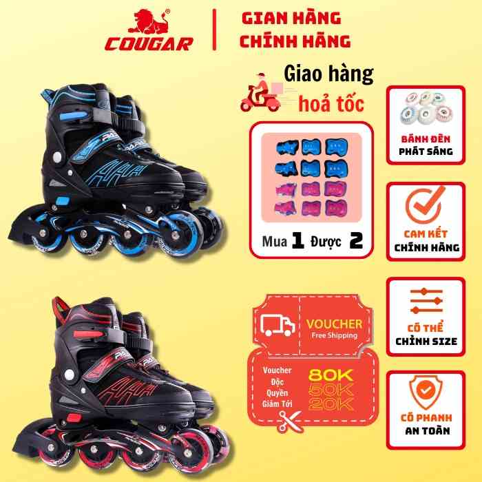 Giày Patin Trẻ Em Cougar-Papasion A3 Cao Cấp, Có 8 Bánh Đèn Phát Sáng, Tặng Kèm Phụ Kiện, Có Nút Chỉnh Size Tiện Lợi