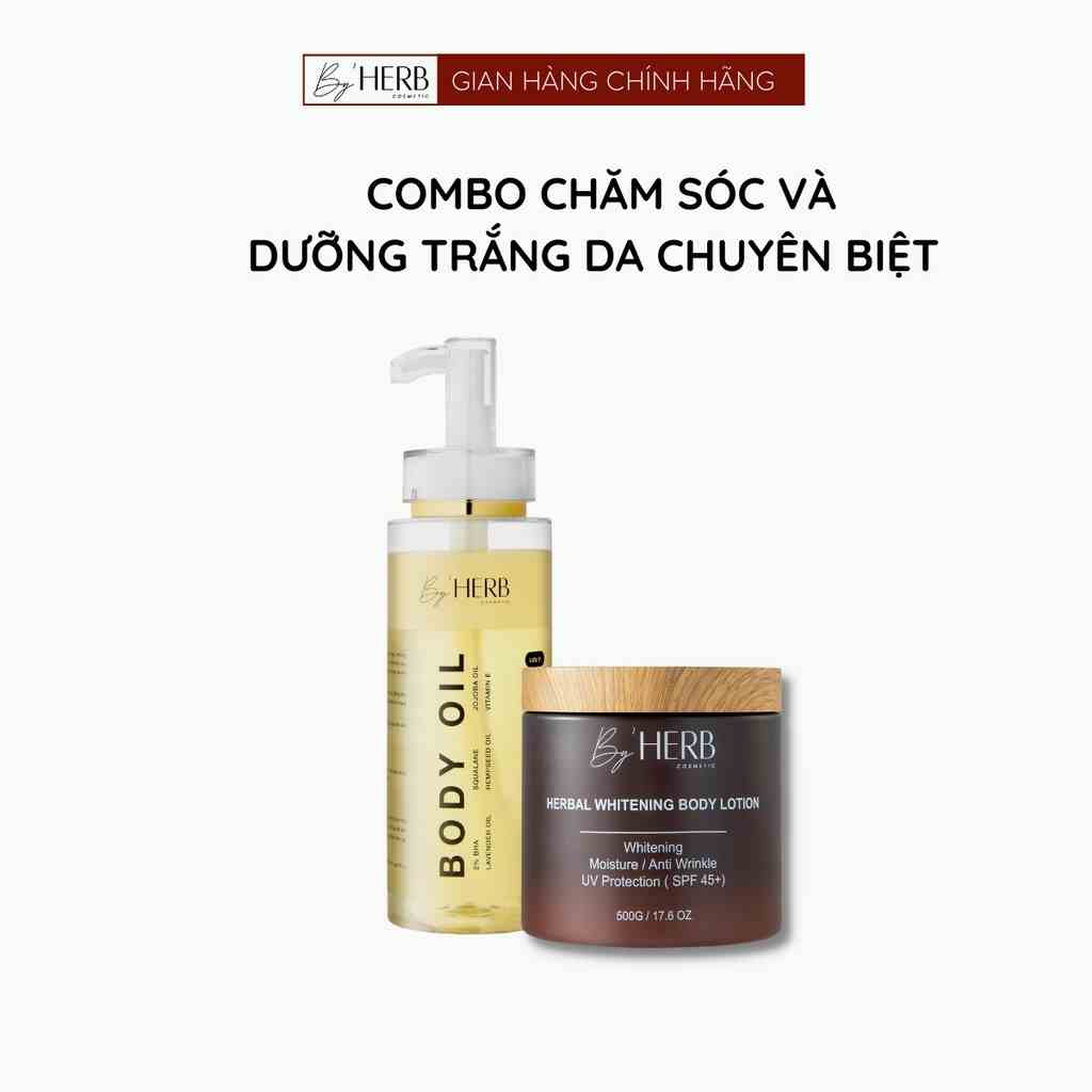 Combo Dưỡng Trắng Da Body Herbal Whitening Body Lotion 500g và Dầu Dưỡng Da Body Oil Bha ByHERB 250ml