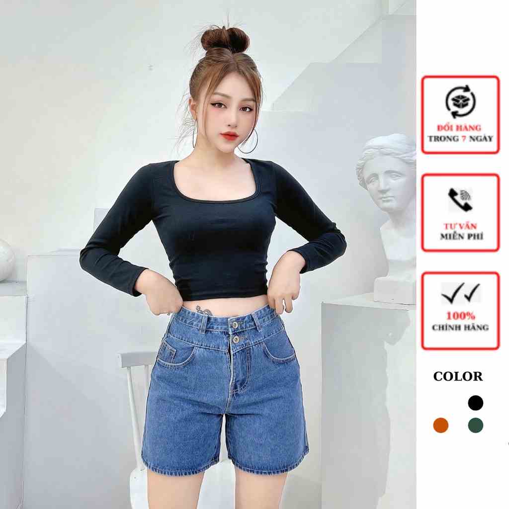 Áo thun croptop nữ CRAZYTEEN cổ vuông tay dài AT0311