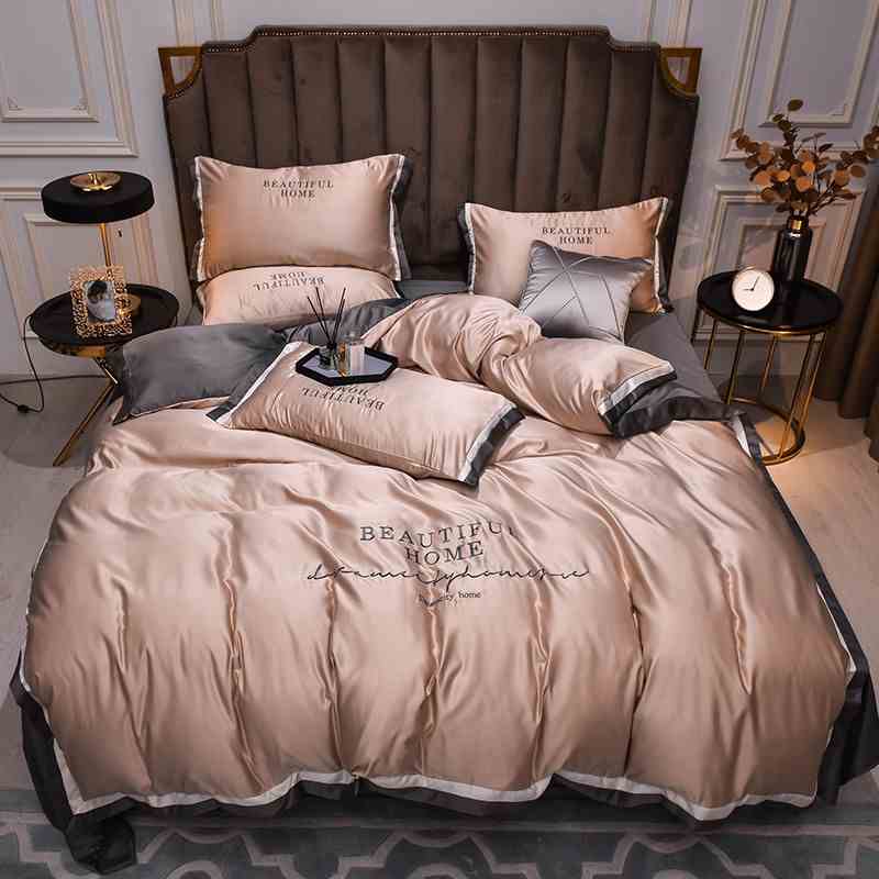 Bộ chăn ga gối phi lụa M2T BEDDING phong cách Hàn Quốc Luxury thêu chữ BeautifulHome sang trọng đủ kích thước và màu sắc