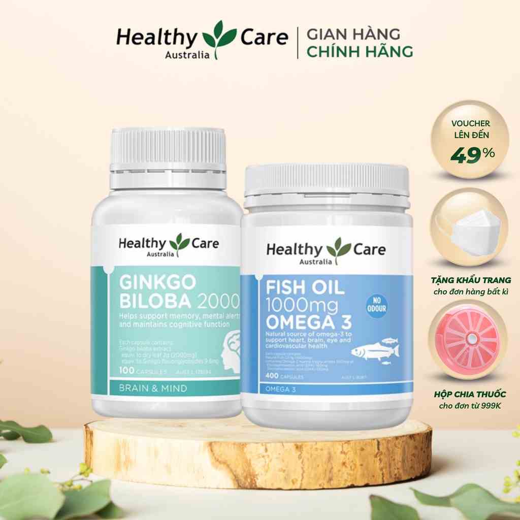 Bổ não Ginkgo Biloba (100 viên) Và Omega 3 (400 viên)  Healthy Care -Combo tăng đề kháng, bổ não, sáng mắt cho gia đình