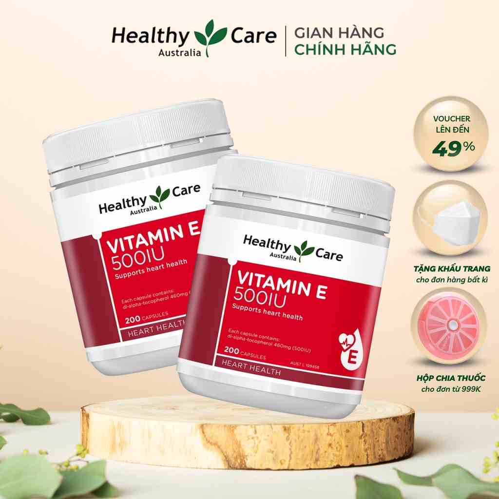 Combo 2 Viên uống bổ sung vitamin E Healthy Care 500IU giúp da căng bóng, hỗ trợ làm đẹp da 200 viên