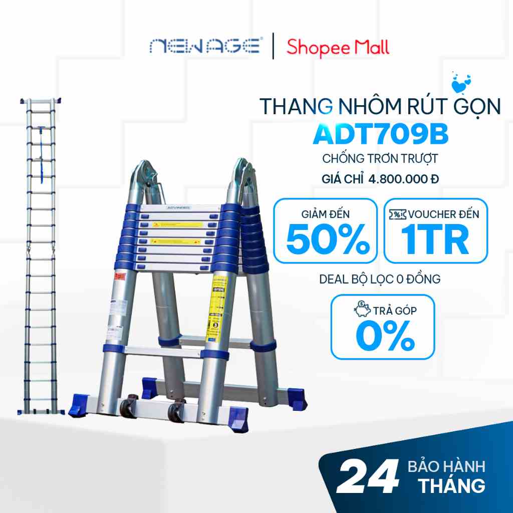 Thang nhôm chữ A rút gọn ADVINDEQ ADT709B, khóa gấp tự động an toàn, bảo hành 24 tháng chính hãng