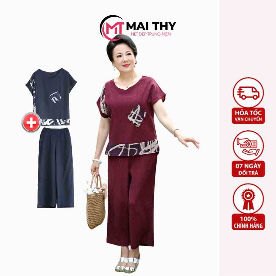 Đồ Bộ Mặc Nhà MAI THY S880, Bộ Đồ Cho Mẹ Trung Niên Nữ Phối Túi Chất Đũi Mềm Mát Sang Trọng | Thời Trang Trung Niên U50