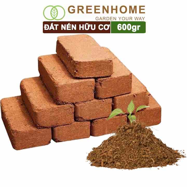 Đất nén hữu cơ, 600gr Greenhome, mụn sơ dừa bánh lớn đã qua xử lý, nở gấp 5 lần, trồng rau, trộn giá thể trồng cây