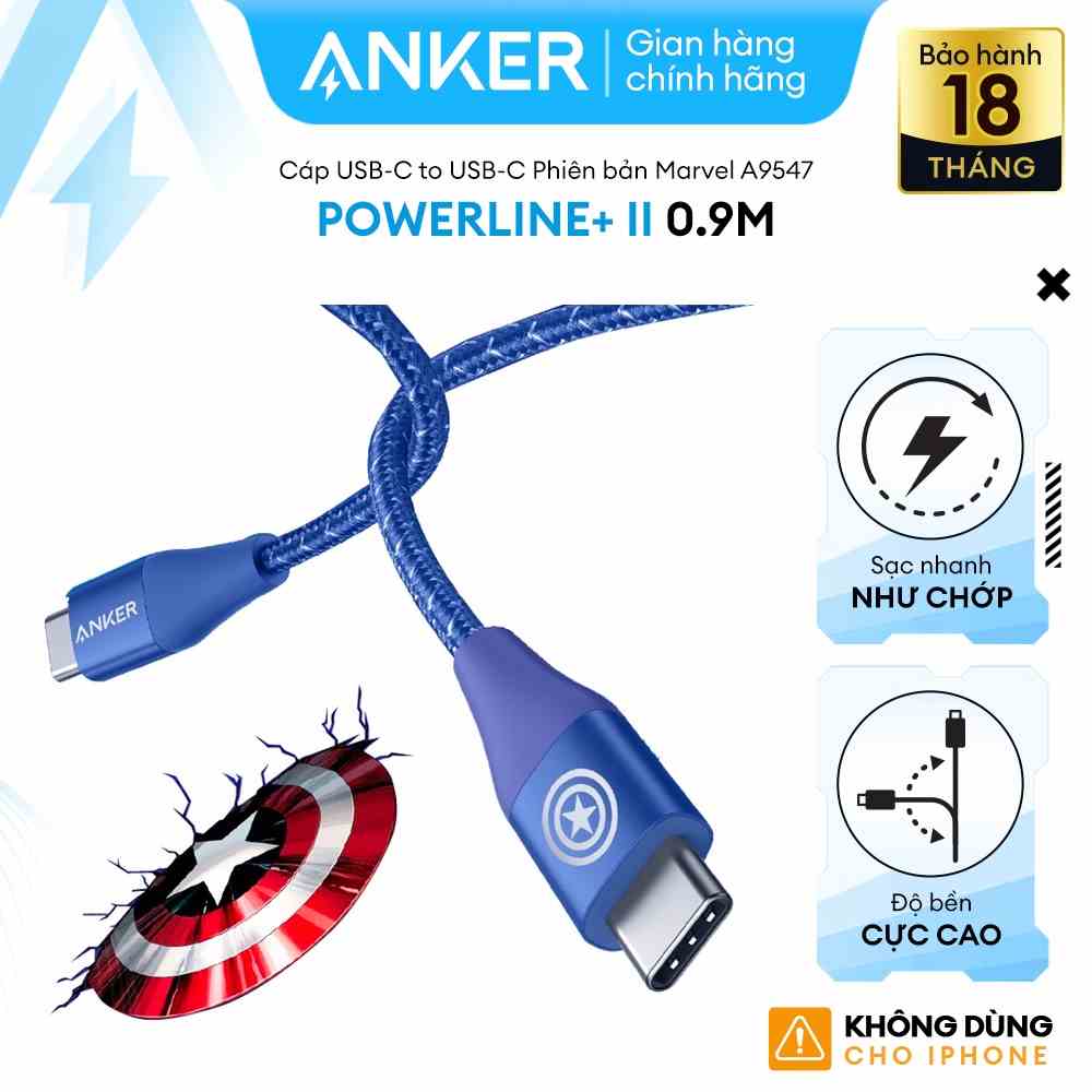 [KHÔNG DÙNG CHO IPHONE] Cáp sạc ANKER PowerLine+ II USB-C to USB-C 2.0 dài 0.9m Phiên bản Marvel - A9547