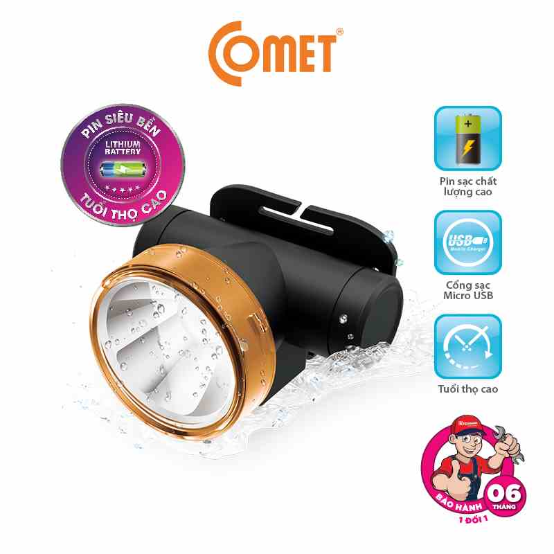 Đèn Pin Sạc Led Đội Đầu Comet CRT1614 2W có choá rời lắp vào đổi màu ánh sáng từ Trắng sang Vàng