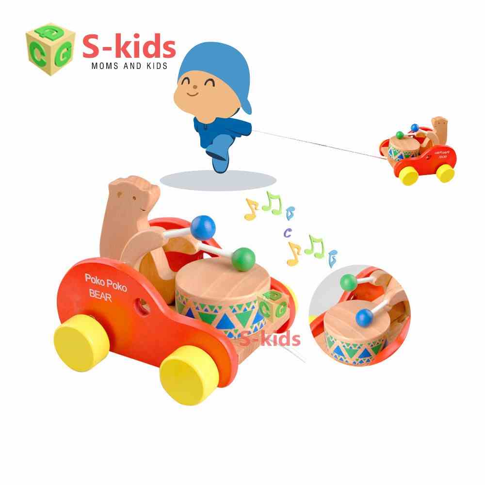 Đồ chơi cho bé 1 tuổi S-kids, Xe Gấu Kéo Đánh Trống, quà tặng thôi nôi đáng yêu.