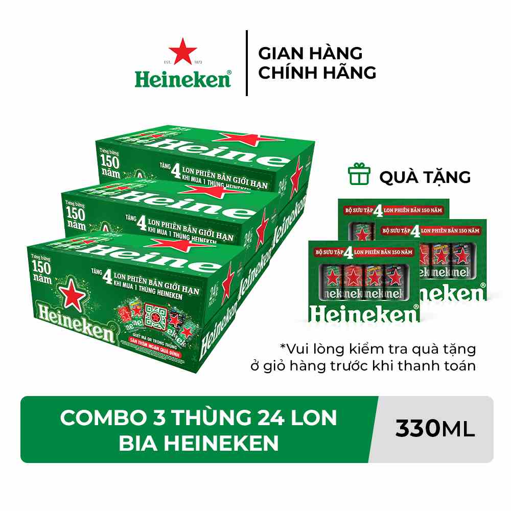 HỎA TỐC HCM - cOMBO 3 Thùng 24 lon bia Heineken 330ml/lon - Tặng lốc 4 lon phiên bản đặc biệt