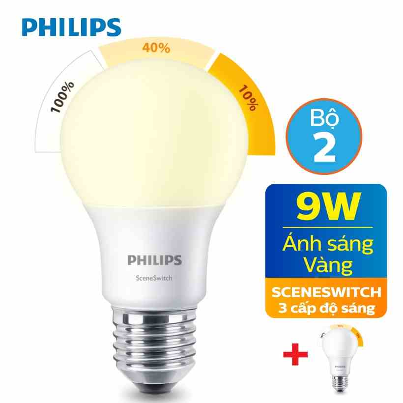 [Mã BMLTA35 giảm đến 35K đơn 99K] Bộ 2 Bóng đèn LED Philips Scene Switch 9W 3 cấp độ 3000K E27 A60 - Ánh sáng vàng