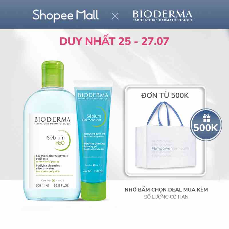 Bộ nước tẩy trang và làm sạch công nghệ Micellar cho da dầu, mụn Bioderma Sebium H2O 500ml và Gel rửa mặt tạo bọt 45ml