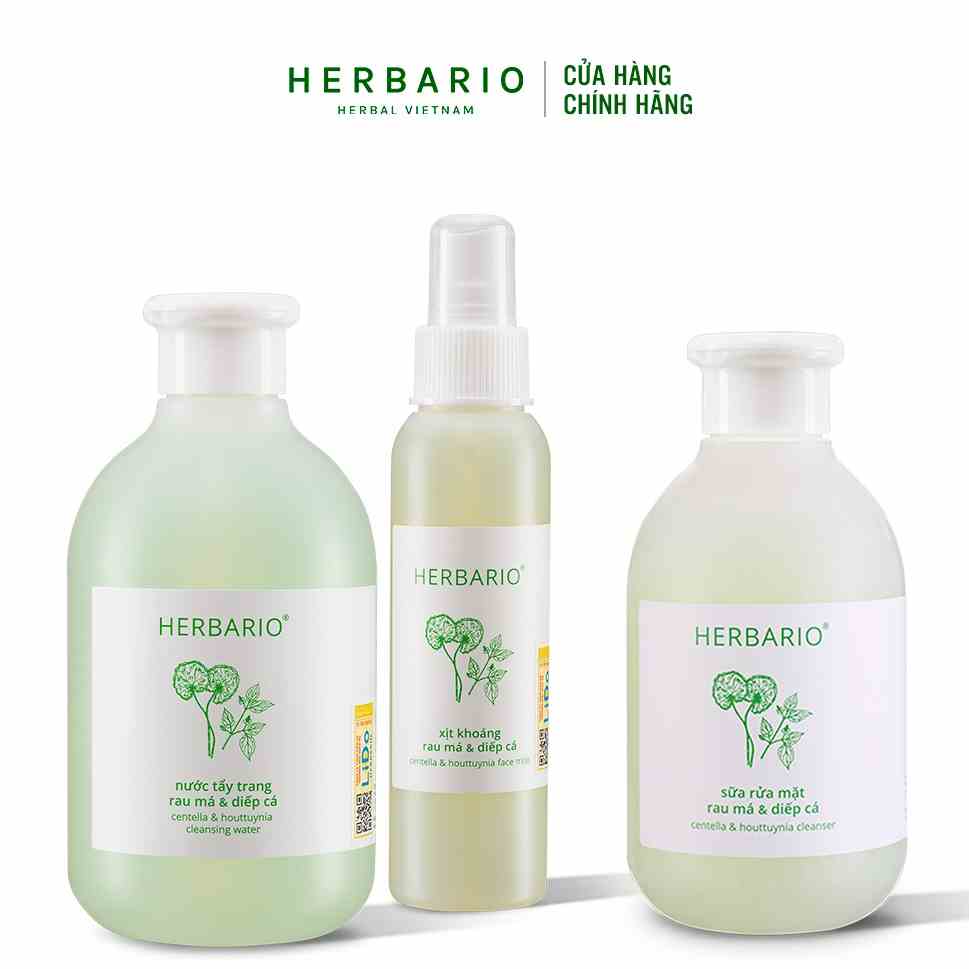 Bộ 3 rau má và diếp cá Herbario da mụn Thuần Chay: Nước tẩy trang 300ml + Sữa rửa măt 200ml + Xịt khoáng 100ml