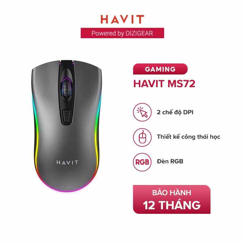 Chuột Có Dây HAVIT MS72 Độ Nhạy Lên Đến 1200 DPI , Có Đèn RGB - Chính Hãng Bảo Hành 12 Tháng Dizigear