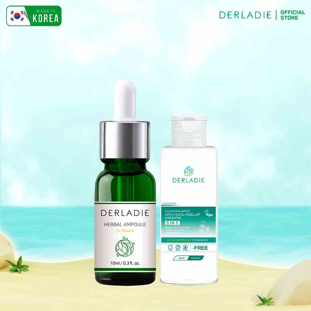 Bộ Đôi Chấm Mụn Tràm Trà Derladie Herbal Ampoule For Blemish 10ml, Tẩy Trang Vegan Derladie 50ml