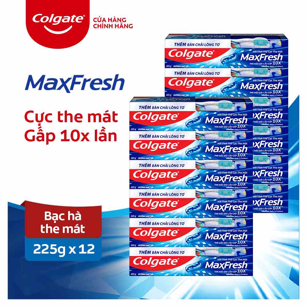 Bộ 12 Kem đánh răng Colgate Maxfresh bạc hà 225g tặng bàn chải