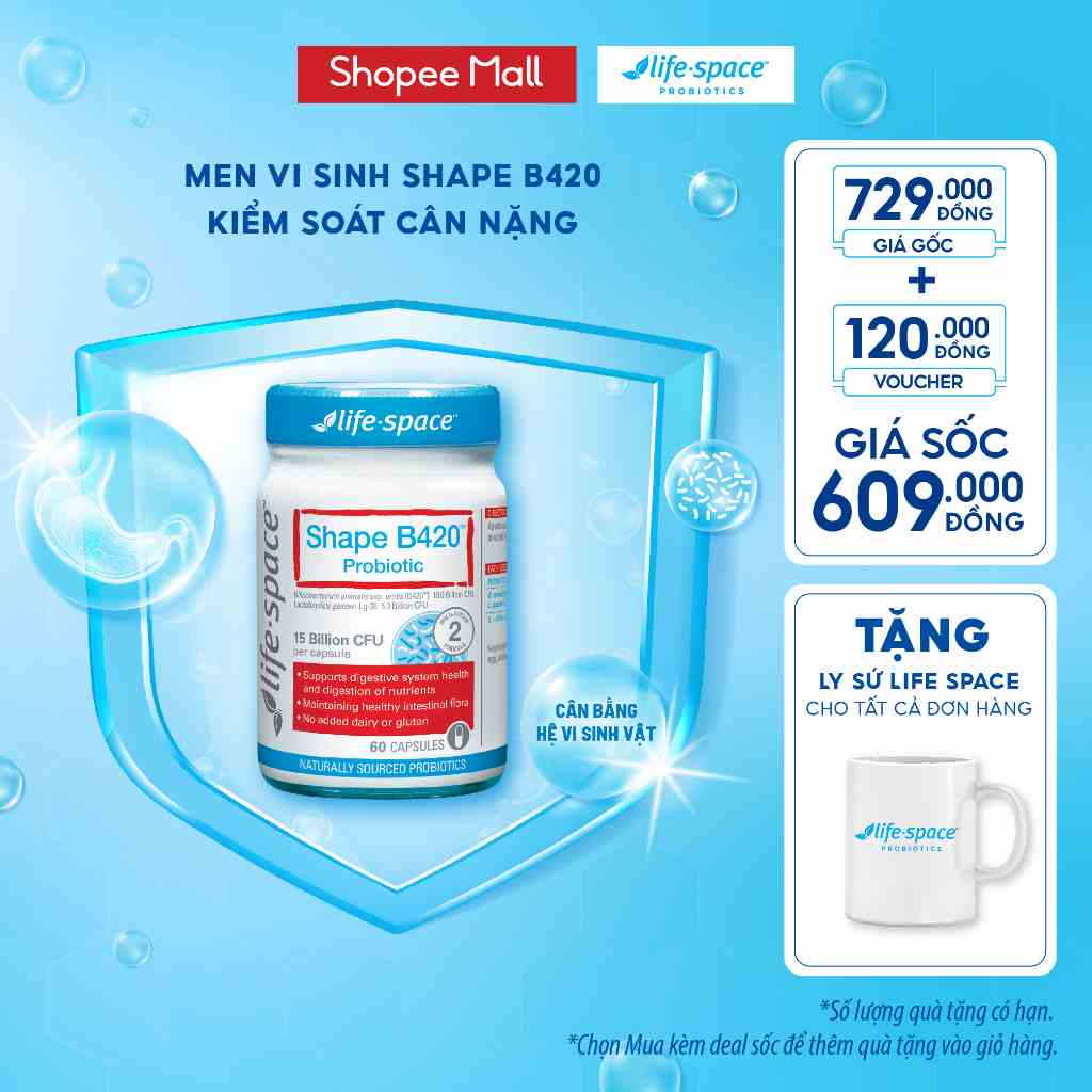 Men vi sinh hỗ trợ tiêu hóa và kiểm soát cân nặng Life Space Shape B420 Probiotic - 60 viên