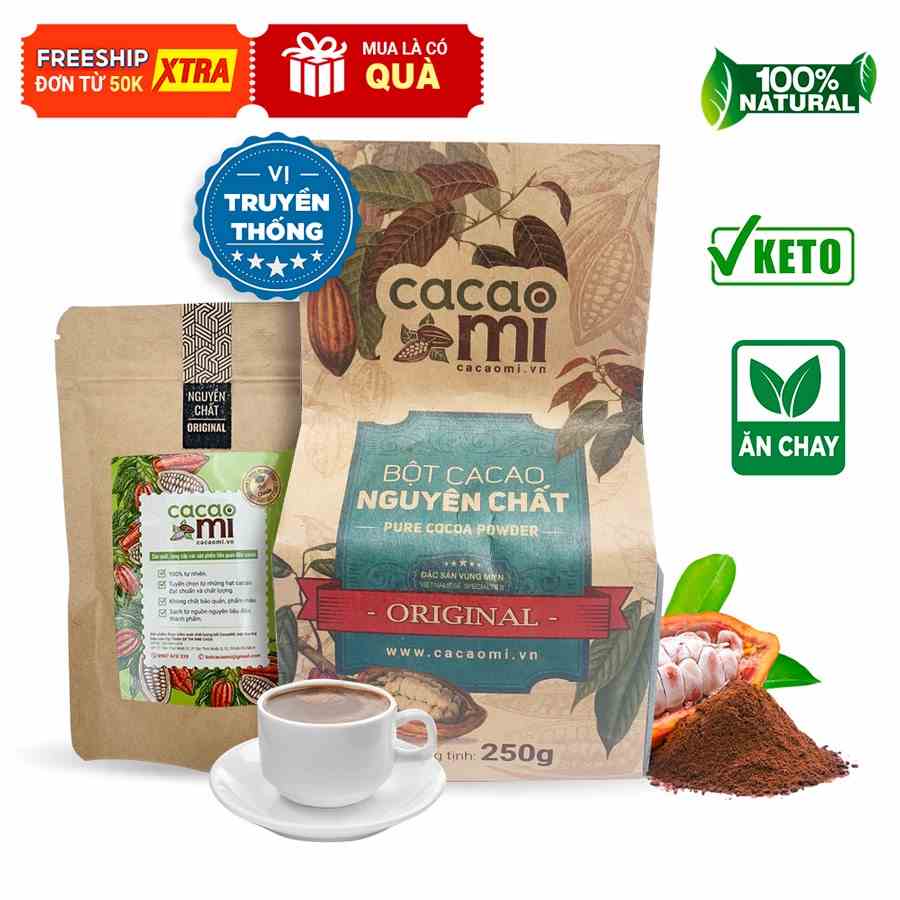 Bột cacao nguyên chất không đường CACAO MI Original giảm cân ăn kiêng Keto Eat Clean, chuyên pha cafe trà sữa [80g/250g]