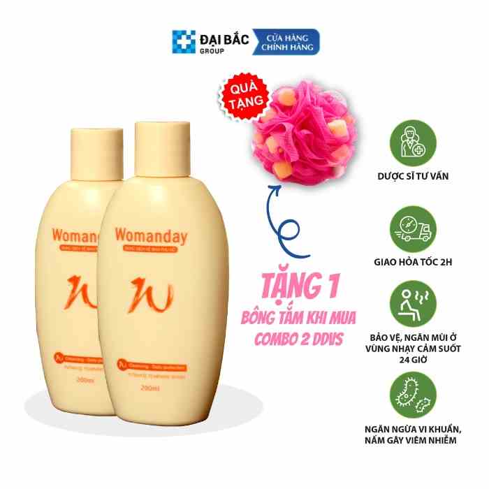 Combo 2 hộp dung dịch vệ sinh phụ nữ Womanday 200Ml/chai giúp làm sạch, khử mùi hôi và ngăn ngừa viêm nhiễm