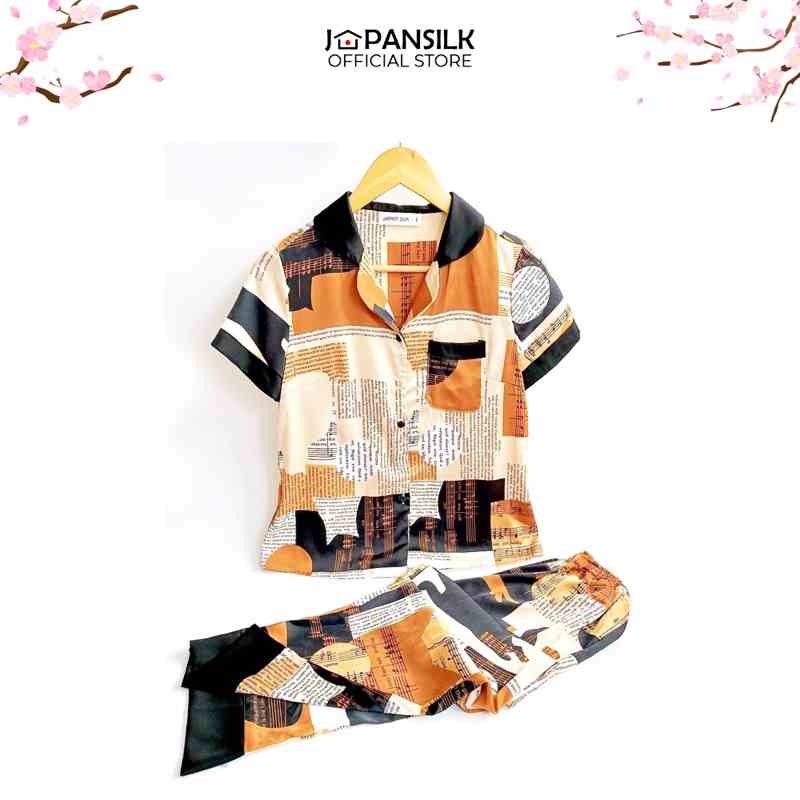 Bộ Đồ Ngủ Pijama Lụa Nhật Cao Cấp JAPAN SILK, tay ngắn quần dài họa tiết nốt nhạc độc đáo, trẻ trung CD076