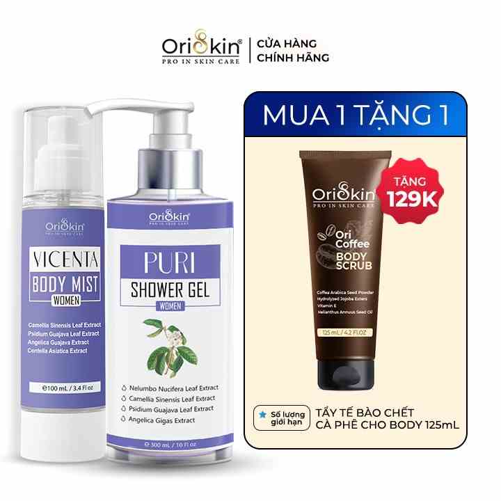 Combo Xịt Mụn Lưng , Giảm Viêm Nang Lông Dành Cho Nữ Oriskin Vicenta Body Mist  100ml và Sữa Tắm Puri shower Gel 300ml