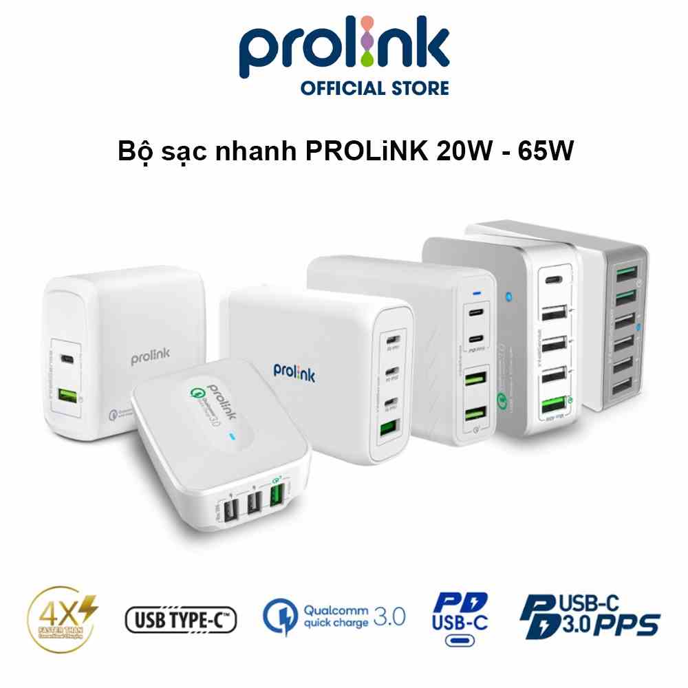 Bộ sạc nhanh PROLiNK chuẩn USB 3.0, nhiều cổng (Type-C, A) dùng cho Điện thoại, máy tính bảng, Máy tính xách tay