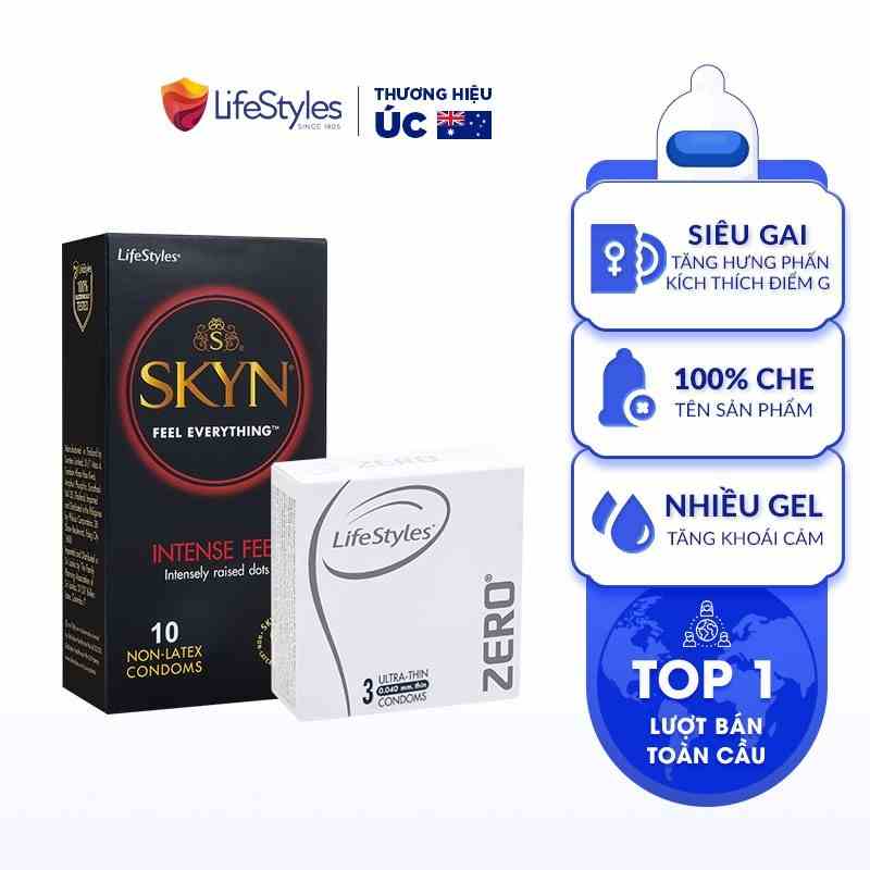 Combo 1 Hộp Bao Cao Su Siêu Gai Non-latex SKYN Intense 10 bao + 1 Hộp Zero Siêu Mỏng 3 bao