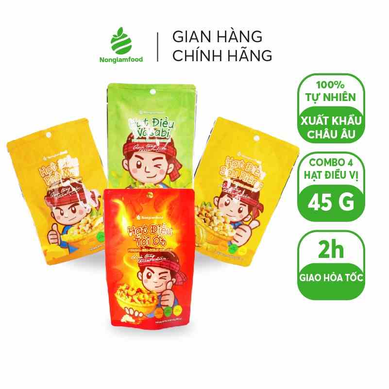 Hạt điều phủ vị phô mai, sầu riêng, tỏi ớt, wasabi Nonglamfood túi 45g | Đồ ăn vặt dinh dưỡng