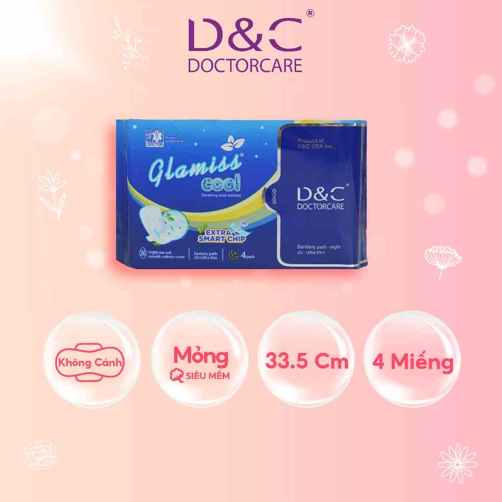 Băng vệ sinh thảo dược Glamiss Cool Extra ban đêm 33,5 cm Gói 4 miếng