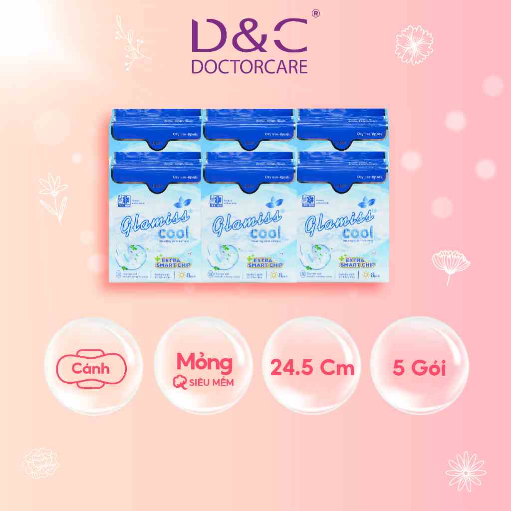 Combo 6 gói Băng vệ sinh thảo dược Glamiss Cool Extra ban ngày 24,5 cm thấm hút vượt trội tự tin cả ngày dài