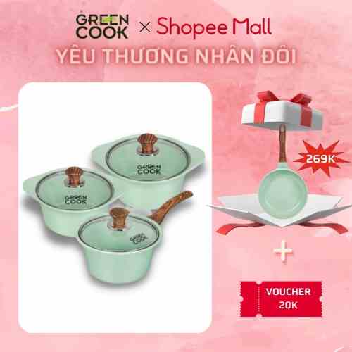 [ MUA BỘ NỒI TẶNG CHẢO 20CM 0đ ] Bộ 3 nồi đúc men đá xanh ngọc 18-20-24CM Green Cook GCS05IH dùng được các loại bếp .