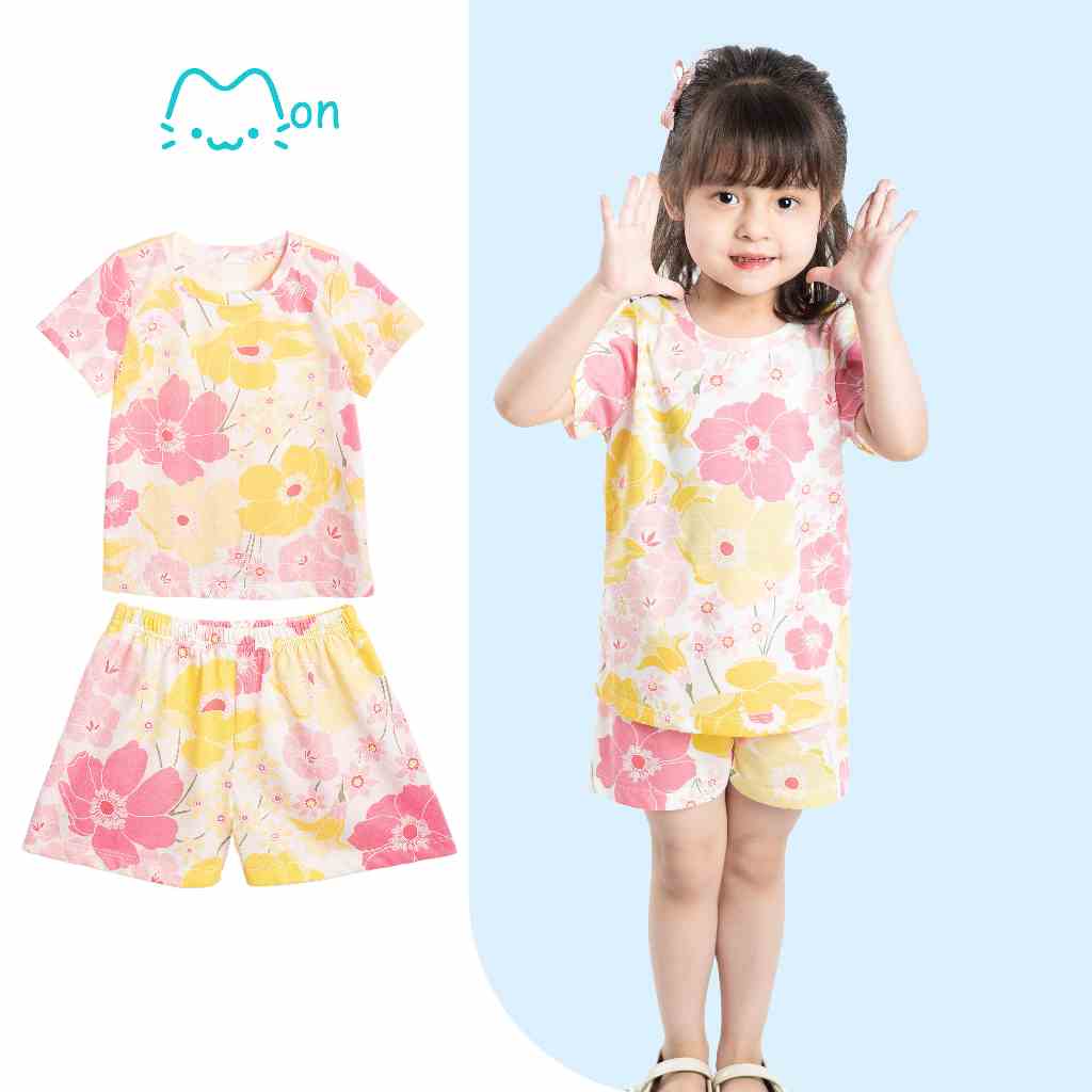 Bộ cộc tay cotton hình bông hoa dễ thương mặc nhà hoặc đi chơi cho bé 2, 3, 4, 5, 6 tuổi MonBabies BCTG23S010