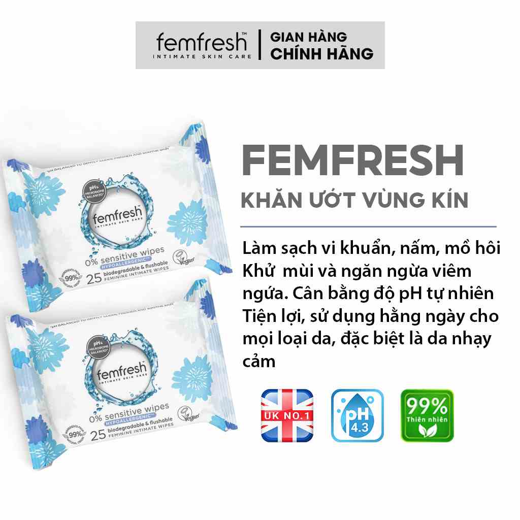 Khăn ướt vệ sinh vùng kín cao cấp cho da nhạy cảm Femfresh Intimate Skin Care 0% Sensitive Wipes (màu xám) - 25 Tờ/gói