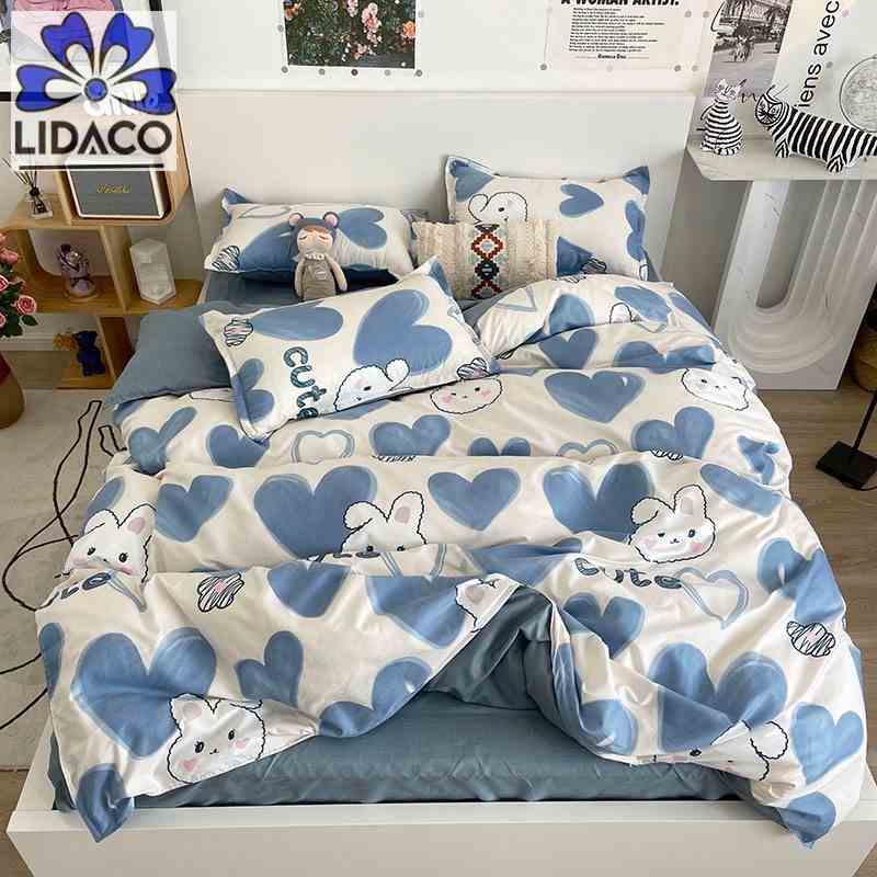 Bộ chăn ga gối cotton poly Lidaco decor phòng ngủ vintage - Thỏ tim xanh ( SP001484)