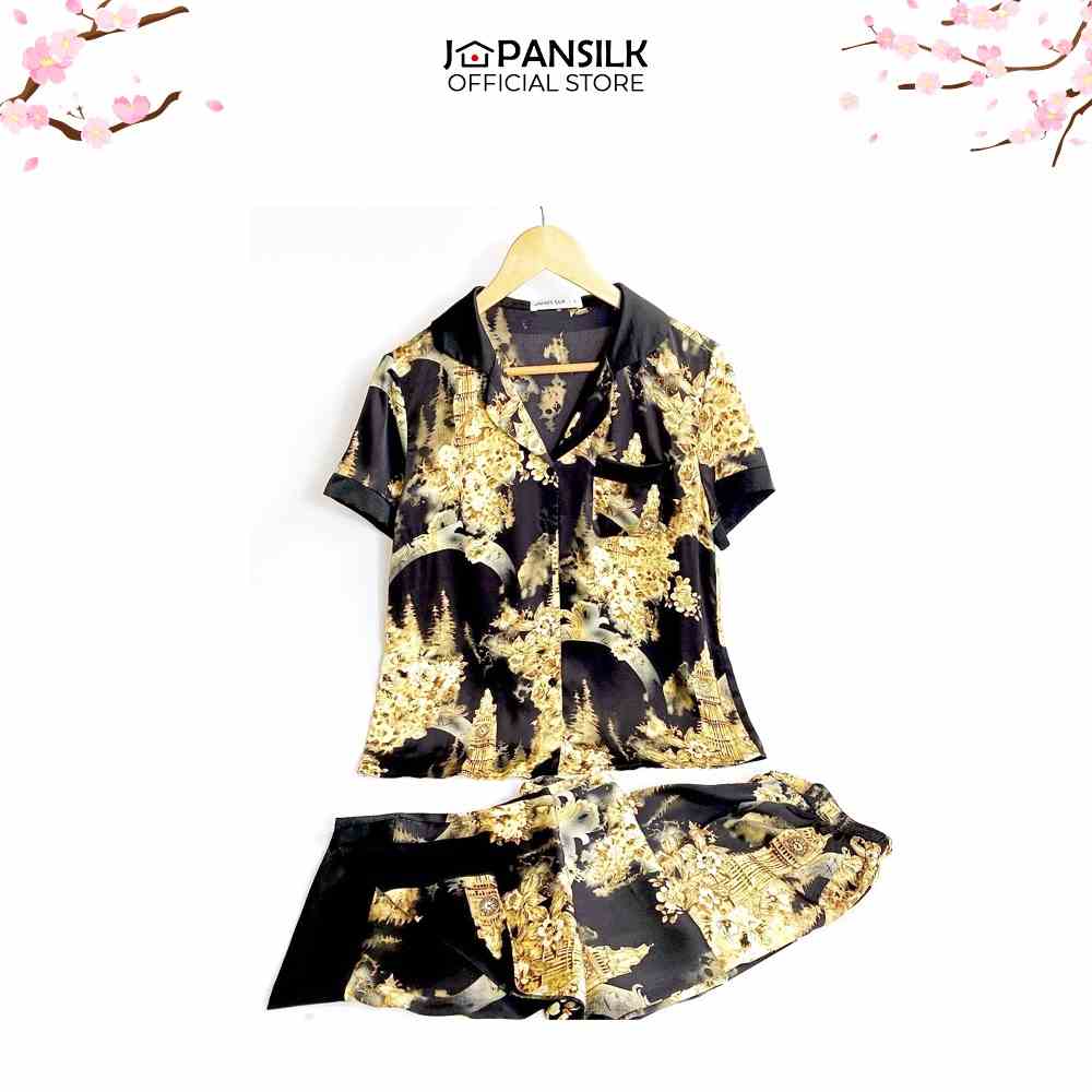 Bộ Đồ Ngủ Pijama Lụa Nhật Cao Cấp JAPAN SILK tay ngắn quần dài họa tiết tháp đồng hồ sang trọng CD073