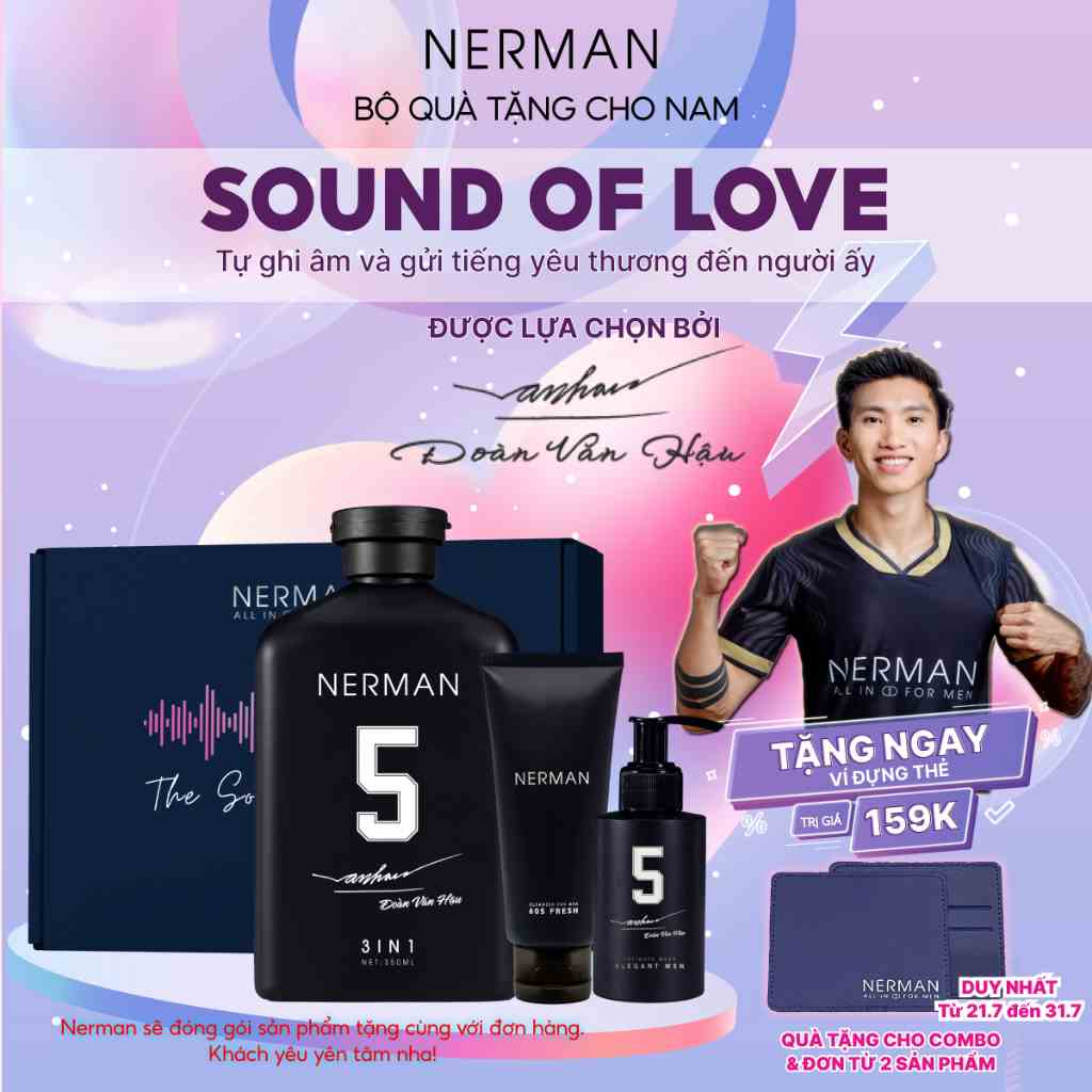 Bộ quà tặng nam giới Sound of Love ghi âm lời nhắn 4.0 NERMAN-Sữa tắm gội 350ml&Gel vệ sinh nam 100ml&Gel rửa mặt 100ml