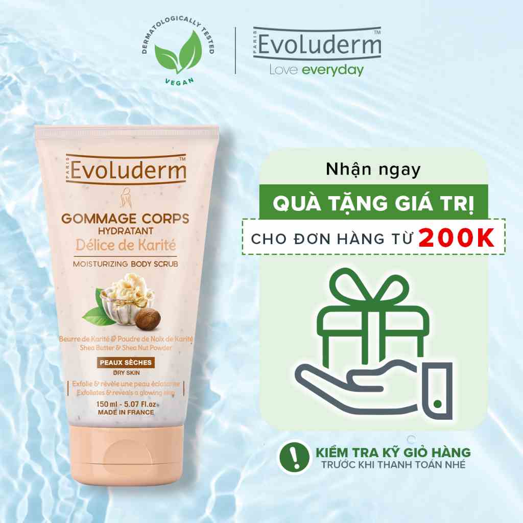 Gel tẩy tế bào chết toàn thân tinh chất bơ hạt mỡ Karite Evoluderm 150ml