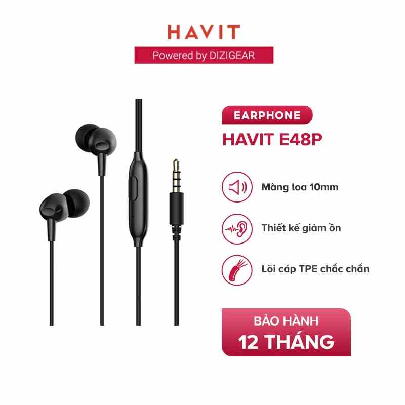 Tai Nghe In-ear HAVIT E48P High-end Dynamic Giảm Ồn, Nút Nhấn Đa Chức Năng, Dây TPE Nhiều Màu Sắc - Chính Hãng Dizigear