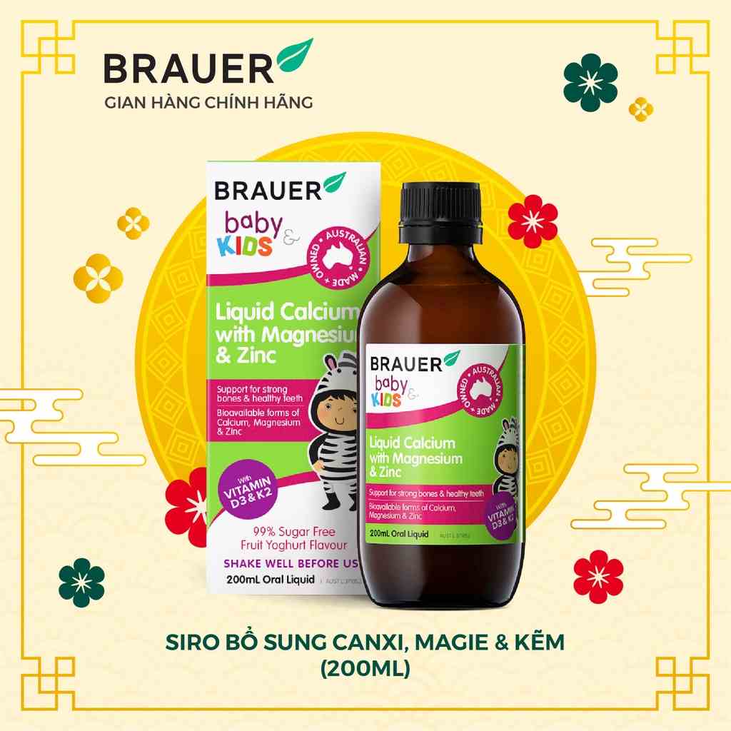 Siro BRAUER Calcium with Magnesium & ZinC - Hỗn hợp Vitamin Canxi, Magie và Kẽm cho trẻ từ 1 tuổi (200ml)