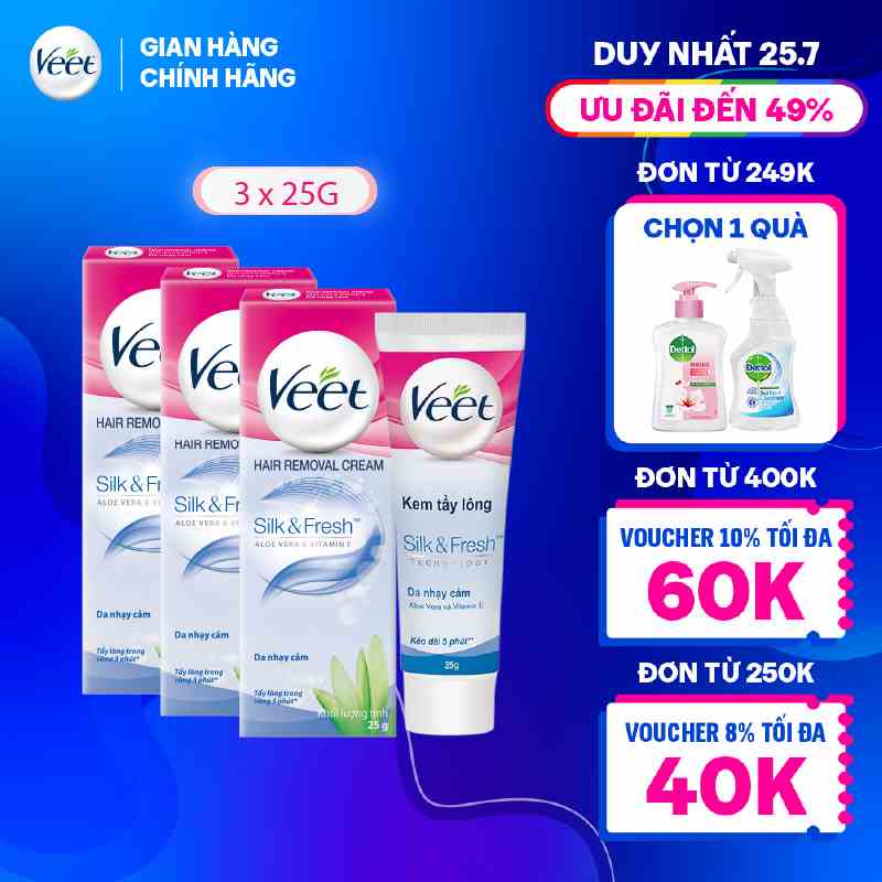 Bộ 3 Kem tẩy lông cho da nhạy cảm Veet Silk Fresh 25g/tuýp