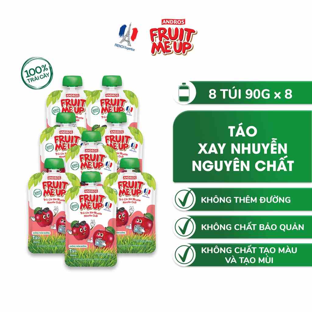 Combo 8 túi Trái Cây Xay Nhuyễn Vị Táo - 100% trái cây thật - ANDROS FRUIT ME UP - 90gx8