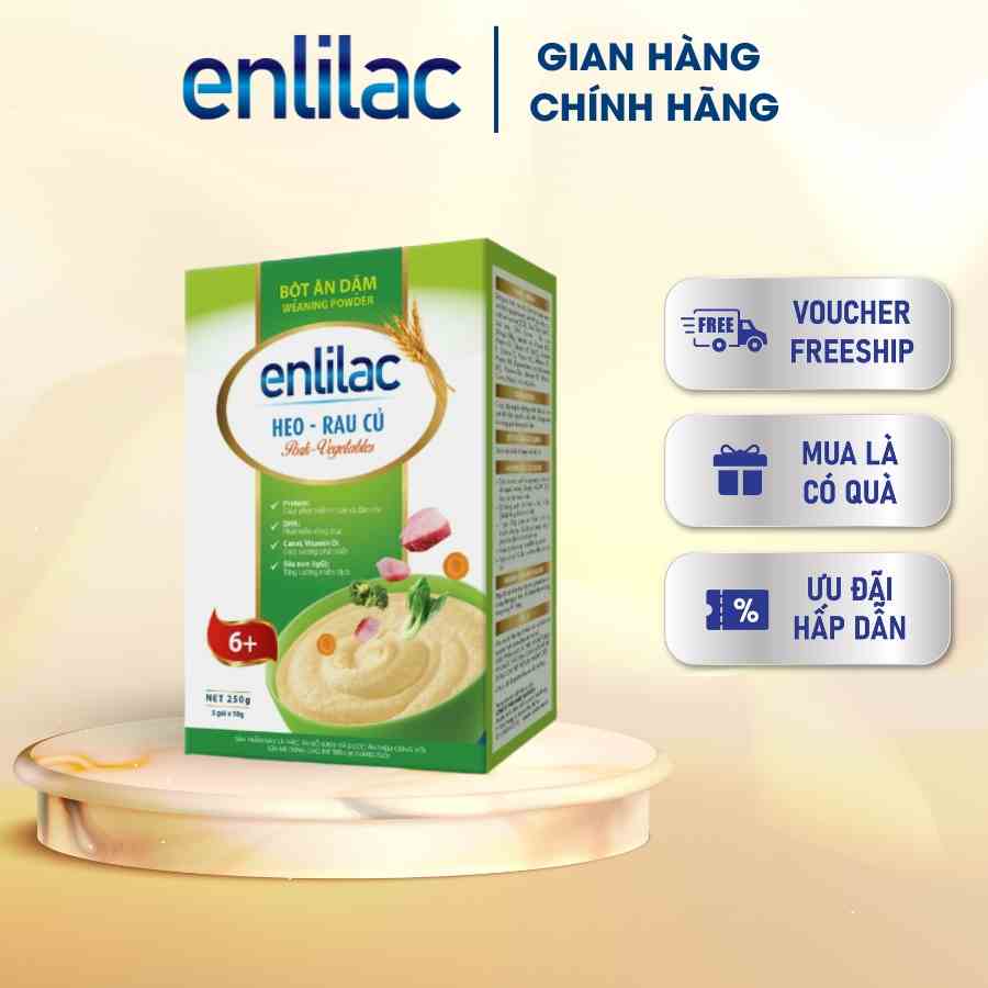 Bột ăn dặm Heo - Rau củ ENLILAC Bổ sung dinh dưỡng cho bé, tăng cường gệ miễn dịch hộp 250gr