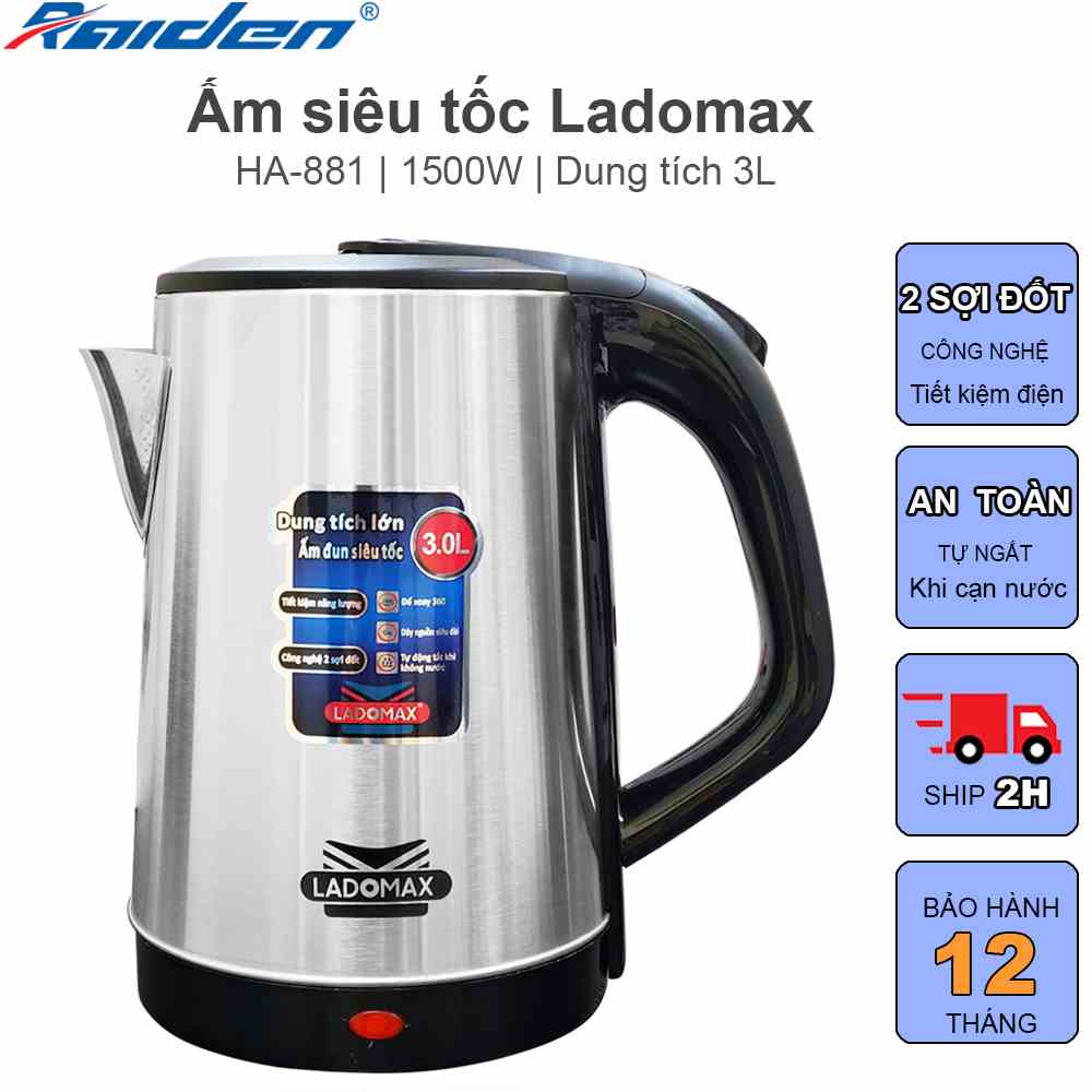 Ấm siêu tốc 3L Ladomax HA-881 thân ấm bằng inox không hoen rỉ, tự động ngắt khi quá nhiệt