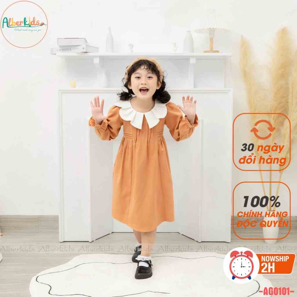 Váy bé gái ALBERKIDS dài tay cam phối cổ trắng xinh đẹp cho trẻ em 2,3,4,5,6,7,8,9,10,11,12 tuổi AG0101