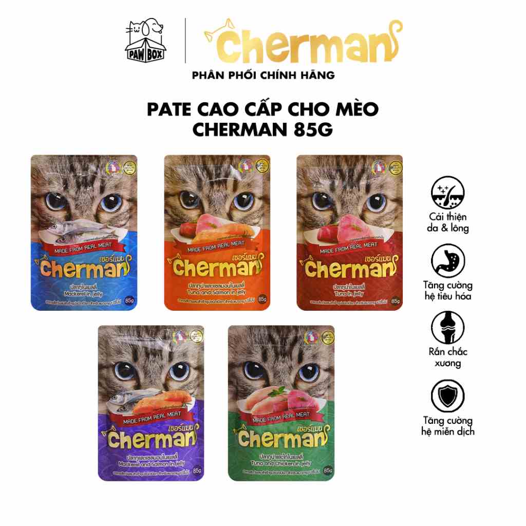 [COMBO 10 gói 5 vị] Pate cho mèo trưởng thành CHERMAN cao cấp nhập khẩu Thái Lan gói 85g