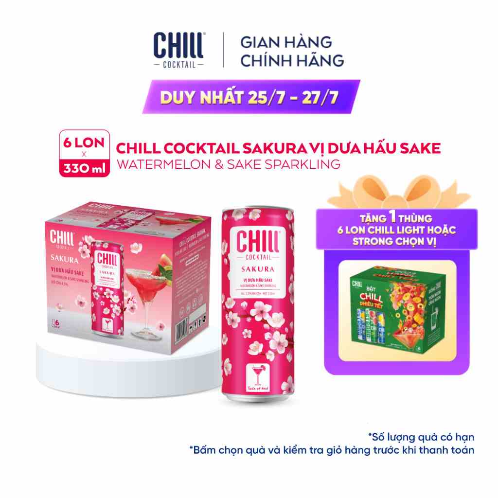 [Mã BMLTB200 giảm đến 100K đơn 499K] Thùng 6 lon Chill Cocktail Sakura vị Dưa Hấu Sake (330ml/lon)