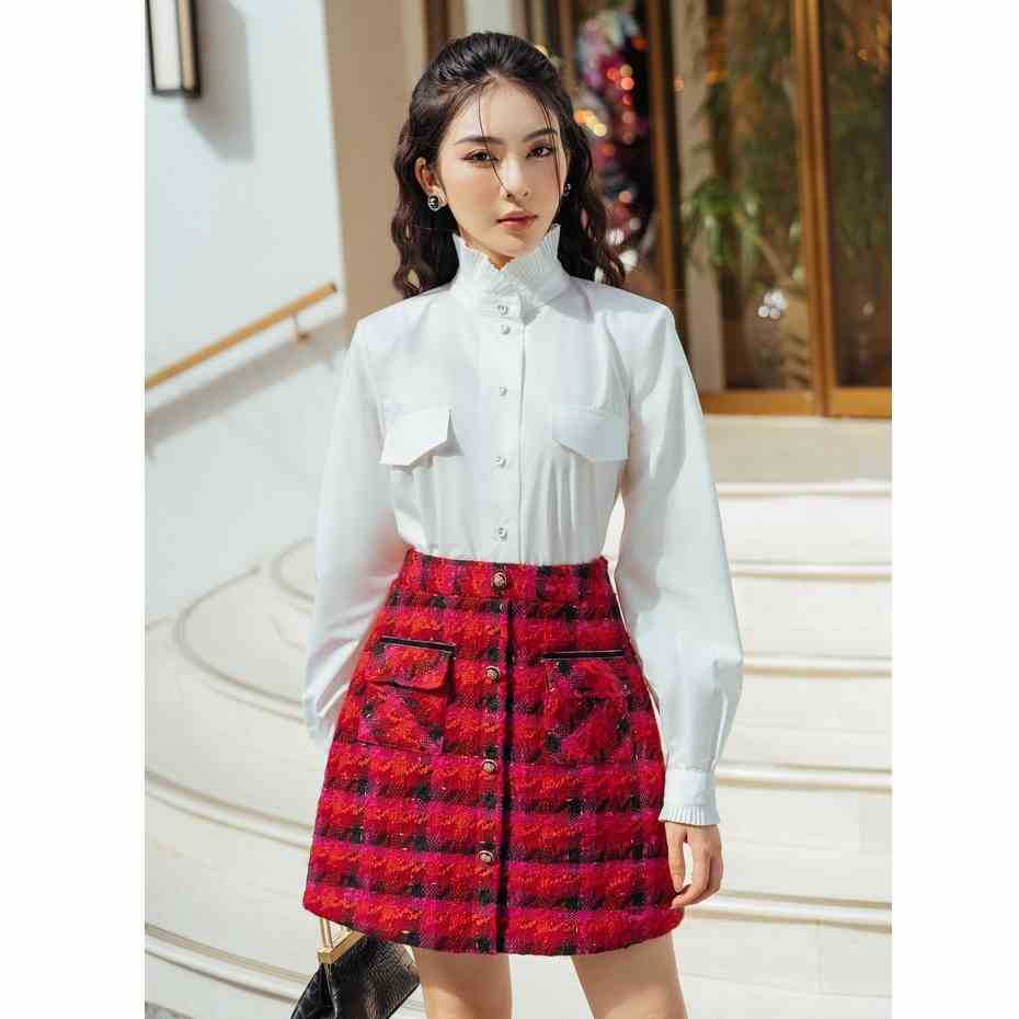 Áo sơ mi cotton lụa cổ dập li đệm vai HUONG BOUTIQUE HBSM1015