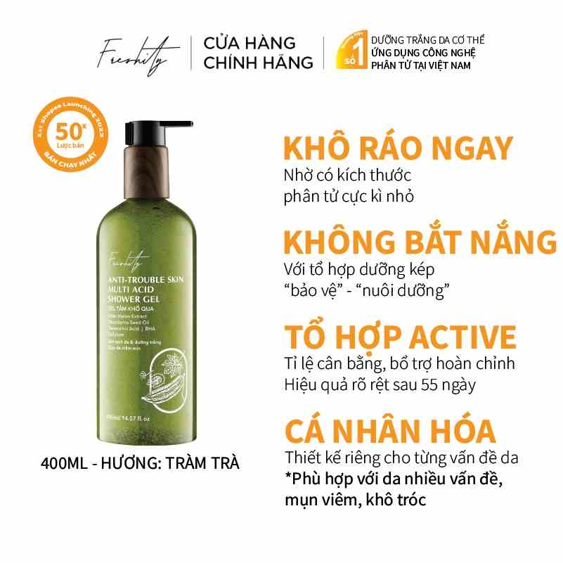 Gel tắm khổ qua Freshity 400ml dưỡng sáng,không gây khô da chứa hạnh nhân làm sach da chết cho làn da cơ thể đa vấn đề