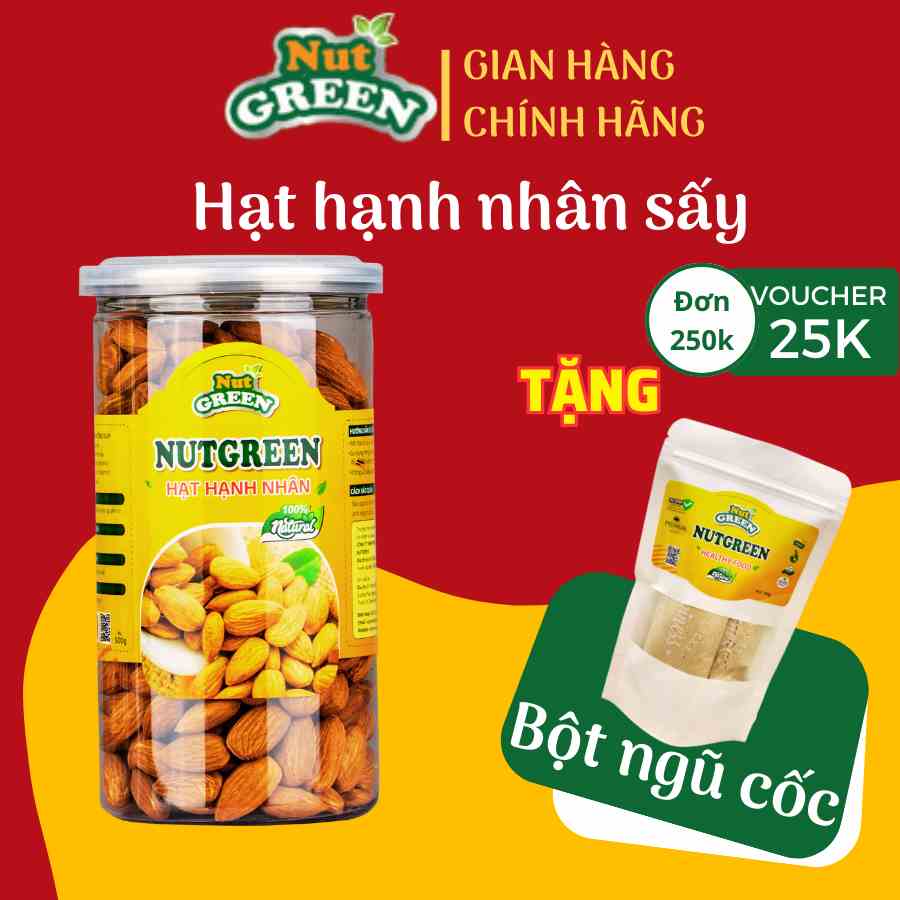 Hạt Hạnh nhân sấy nguyên vị NutGreen thơm giòn 500g Giảm cân Ăn Kiêng Keto Nhập khẩu Mỹ